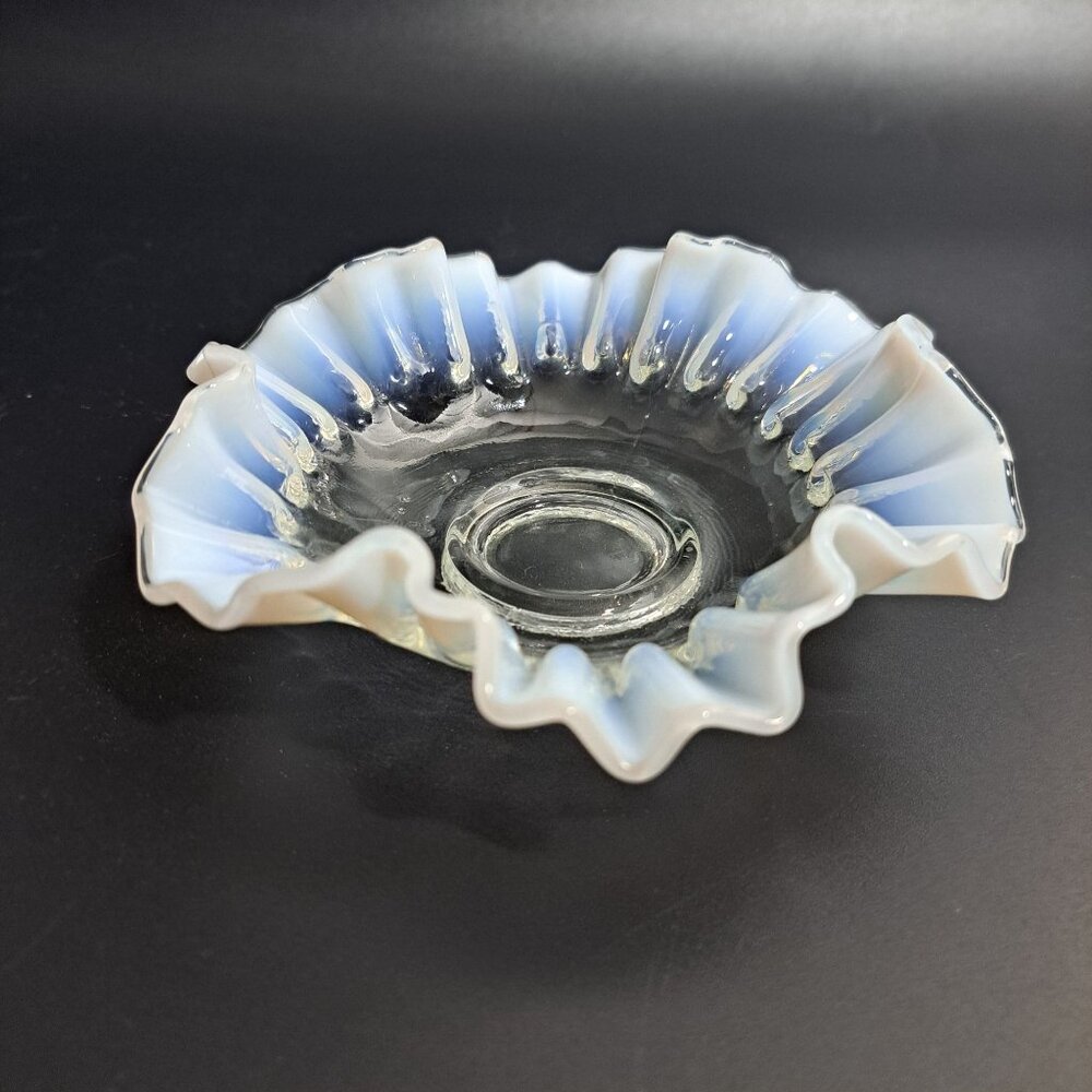 White Opalescent Ruffled Edge Glass Dish Bowl Vintage